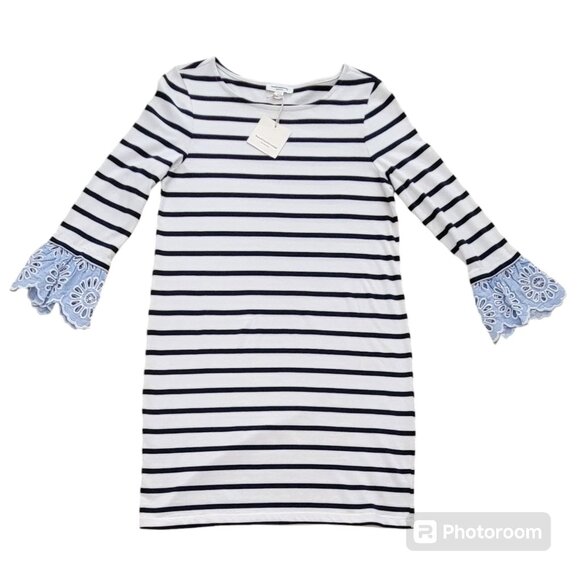 Beach Lunch Lounge Solani Navy Blue Striped Eyelet Crochet 3/4 Sleeve Dress NEW - Picture 7 of 16